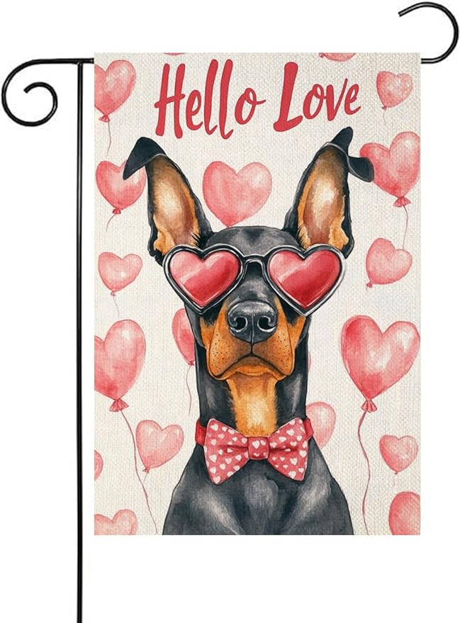 Valentine's Day Doberman Hello Love Garden Flag, House Yard Plaid Love Heart Outside Decoration, Spring Holiday Wedding Anniversary Outdoor Small Decor 12x18(12647)