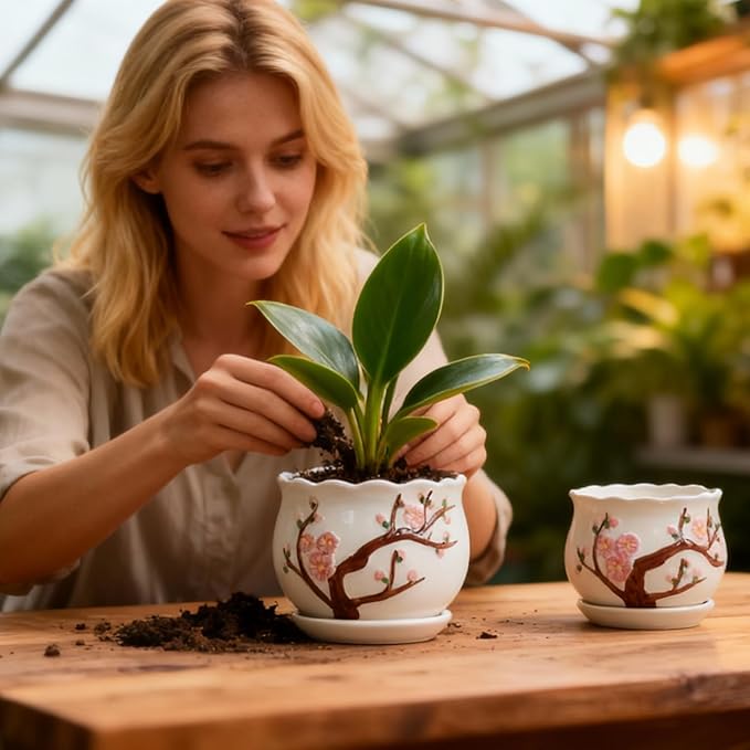 Vintage Flower Pots for Indoor Plant, Round Ceramic Plant Pots with Drainage Holes and Saucers, 6.7/5.2/3.9 Inches Retro Flower Planters Set of 3 (Cherry Blossom)
