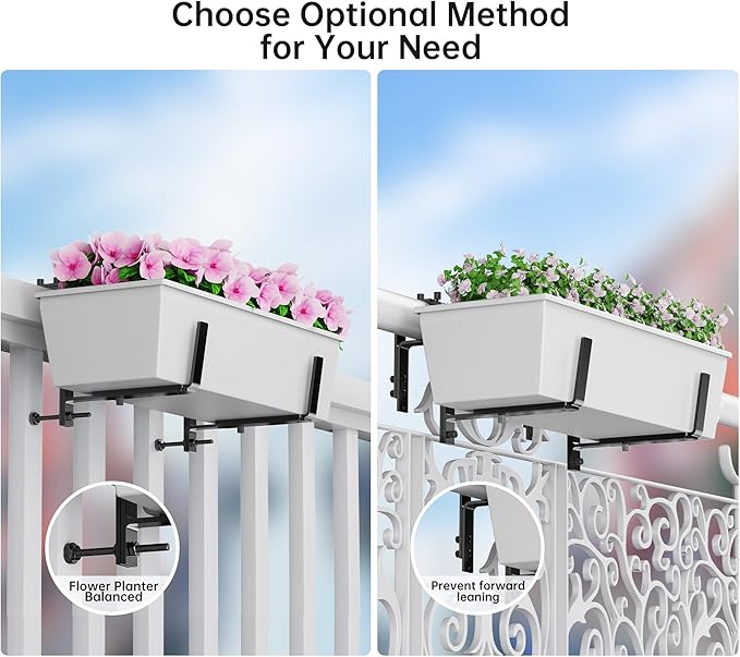 Y&M Window Box Brackets, Heavy Duty Iron Adjustable Planter Flower Box Brackets for Railings, Perfect for Balconies, Fences, and Gardens（4 Packs）