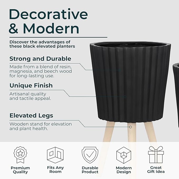 Set of 2 Resin & Magnesia Planter Set with Wood Stands – Plant Stand Indoor Outdoor, Living Room or Patio – Modern Raised Design, Accent Planters for Stylish Spaces, Home Decor – 12" & 10", Black