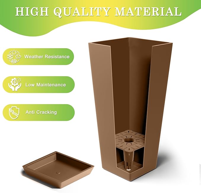 TUYOHW Set of 4 24" Tall Plastic Planters with Trays, Large Tapered Plant Pots for Indoor Outdoor Use, Modern Decorative Planters for Porch, Patio, Garden, and Backyard