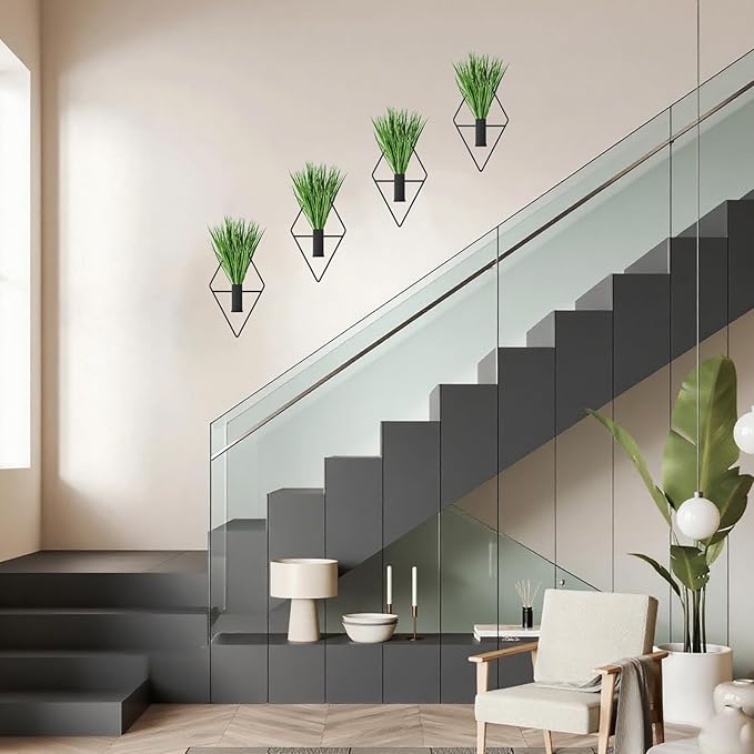 Wulujime 4 Pcs Black Metal Diamond - Shaped Hanging Planters with Artificial Plants: Ideal Indoor Wall Decor for Home & Office