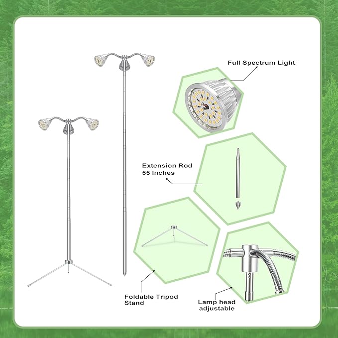 Grow Lights for Indoor Plants Full Spectrum with Detachable Tripod Stand, 10-55 Inches Height Adjustable Aluminum Alloy Indoor Plant Grow Lamp with Auto On/Off Timer Function