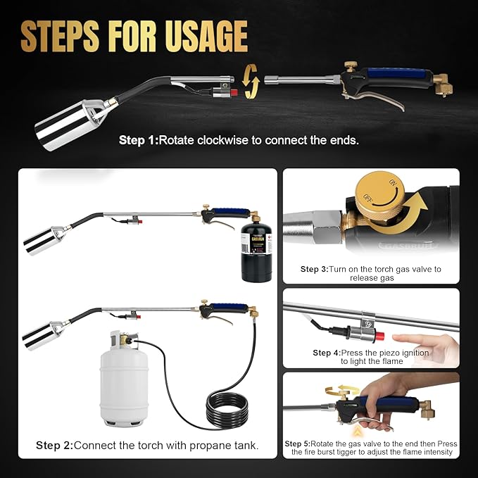 Propane Torch Weed Burner Kit,Weed Torch 360,000 BTU,Blow Torch with 1lb Propane Converter Hose,Blow Torch for Weeds,Wood,Roof,Ice Snow,Road, Fire Start,Charoal Start(Fuel not Included)