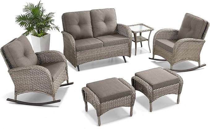 Belord 6 Pieces Wicker Patio Furniture Set with Patio Rocking Chairs, High Back Patio Conversation Set Outdoor Loveseat Glider with Ottoman and Rattan Side Table for Sunroom Deck Backyard