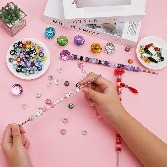 192Pcs DIY Fairy Wand Beaded Garden Stakes Kit, Fairy Garden Stakes Beads and Rods with Sparkling Crystal Pendants, Suitable for Garden Decorative Outdoor Beadable Items(10IN)