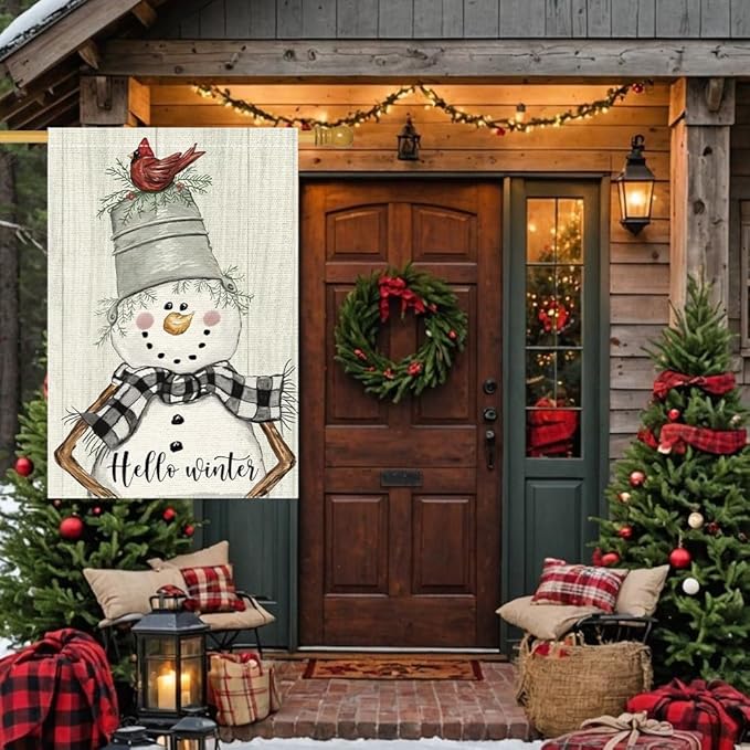 Hello Winter Garden Flag 28x40 Inch Double Sided,Christmas Winter Snowman Cardinal Holiday Yard Outdoor Flags (RMQ-83D, 28"X40")