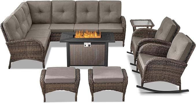 Belord 8 Pieces Patio Conversation Set with 43” Propane Fire Pit Table, Outdoor Sectional Furniture Sofa Set with Removable Gray Cushions for Patio Deck Backyard Brown