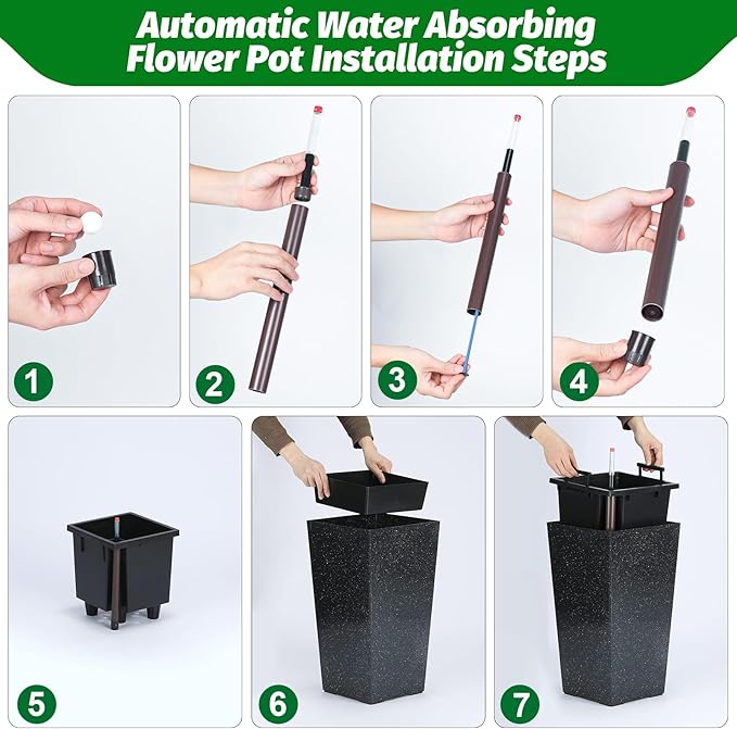 22.5" Tall Self Watering Planters Set of 2, Indoor Outdoor Plant Pots with Water Level Monitor & Drainage Holes, Automatic Watering System for Patio Garden Decor, Black