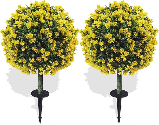 R’s Ceder Artificial Boxwood Topiary Ball Trees with Yellow Rose, 2 Set of 19'' UV Resistant Fake Evergreen Shrubs Bushes Plants with Ground Spike Fake Plants for Outdoor Indoor Front Porch Garden