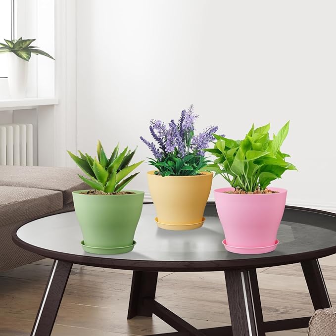 Meowell 6 inch Plastic Nursery Pots, 16 Pack Plant Pots for Small Indoor Outdoor Plants, Flower Pots with Drainage Holes and Saucers, Decorative Seedling Starter Planters for House Plants, Colorful