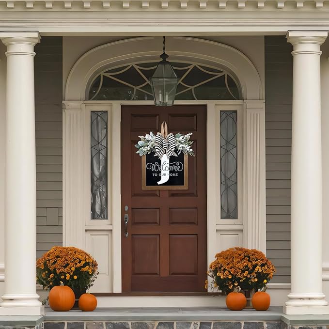 Ultra Large 14'' Last Name All Year Round Front Door Wreath with 26 Initial Letter Welcome Sign All Seasons Eucalyptus Garland and Bow Wreaths for Front Door Porch Farmhouse Decoration (J)
