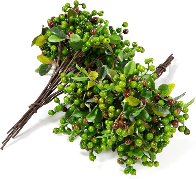 SHACOS Artificial Green Berry Stems 20 PCS Pack Fake Berries Branches Spray with Green Leaves 9.8 inch Small Berry Picks for Christmas Decorations Crafts Holiday Home Decor, Green