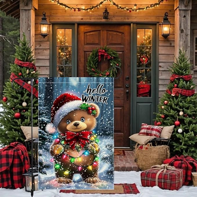Hello Winter Garden Flag 12x18 Inch Double Sided Burlap Christmas Yard Flag Cute Bear with Lights Holiday Outdoor Small Winter Decorations for Lawn Porch Patio Tree