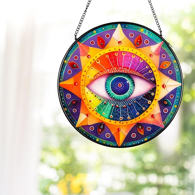 7.8'' Evil Eye Stained Glass Suncatcher,Stained Glass Window Hanging,for Indoor Outdoor Decor,for Women/Friends/Lover