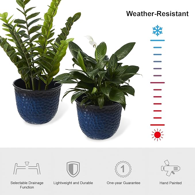 Glitzhome 15.25" D Faux Ceramic Planters, Set of 2 Honeycomb Textured Gradient Cobalt Blue Plant Pots with Drainage Hole, Modern Plastic Round Flower Pots Containers for Home Garden Patio Balcony