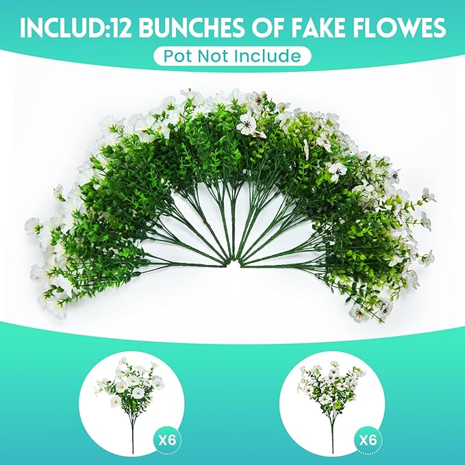 Hrobek Artificial Flowers for Outdoors Faux Plants Outside Indoor,Realistic UV Resistant Silk Fake Daisy Petunias for Home Patio Garden Back Yard Front Poch Decor Spring Summer(12 Bunches,White)