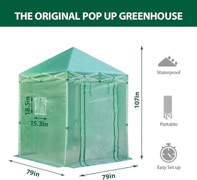 79”x 79”x 107”Walk in Instant Pop-up Greenhouse,Indoor Outdoor Gardening Green House, Roll-Up Zipper Doors and Side Windows Mesh Windows, Thickened PE Cover & Heavy Duty Steel Frame, Green