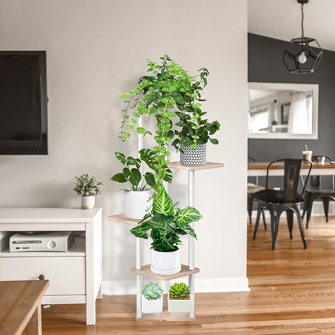 YOCOMEY 5 Tier Wood Tall Plant Stand Metal Rack Indoor, Multiple Flower Pot Holder Shelves Corner Rack, Planter Shelf Display Rack Storage Organizer for Patio Living Room Balcony Garden(White Oak)
