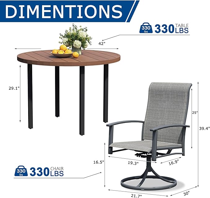 5 Pieces Outdoor Table and Chairs for 4, 42" Walnut Round Table with 4 Grey Swivel Chairs, Patio Set with Swivel Chair, Garden Tables for Outdoor, Patio Dining Set for Lawn Backyard Poolside