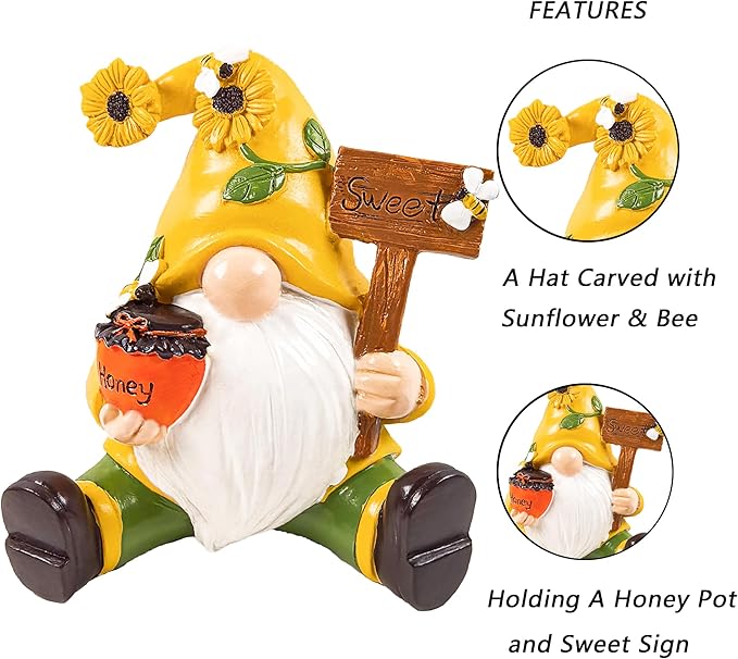 Sunflower Spring Gnome Decorations Honey Bee Gnomes Ornaments World Bees Day Decoration Gifts Summer Figurines for Garden Decor Birthday Gift for Mom, Grandma, Women