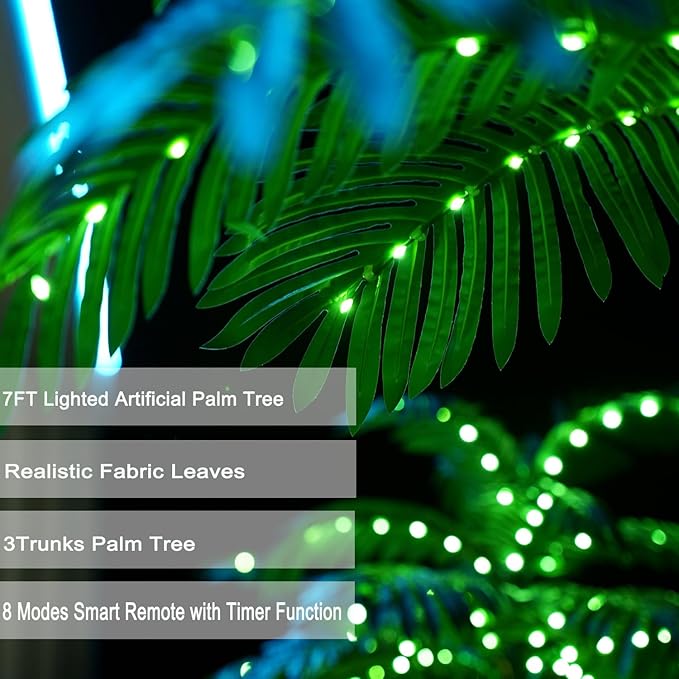 SOSHOT 7FT Lighted Artificial Palm Tree with Three Trunks and 260 LED Lights - Ideal for Outdoor/Indoor Use, Perfect for Tiki Bars, Patios, Homes, Offices, Beaches, Yards Pool, and Cruise Party