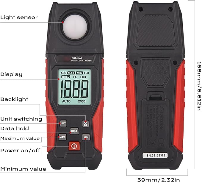 Luocute Digital Illuminance Light Meter, 0.1 to 200000LX Meter with LCD Screen and Data Hold for Photography Plants LED Lights Indoor Outdoor