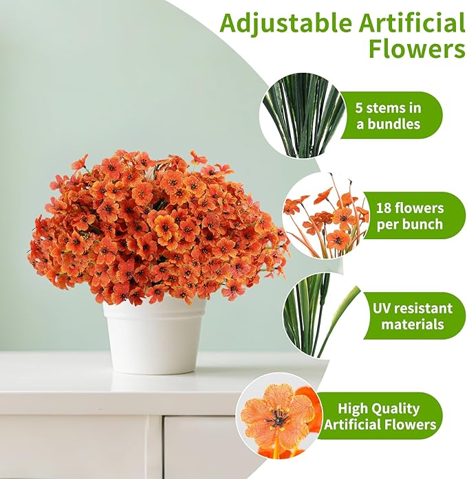 22 Bunch Outdoor Artificial Flowers with Plastic Plants Violets Faux Flowers,Outdoor Front Porch Hanging Planter Window Frame Garden Decor (Orange)