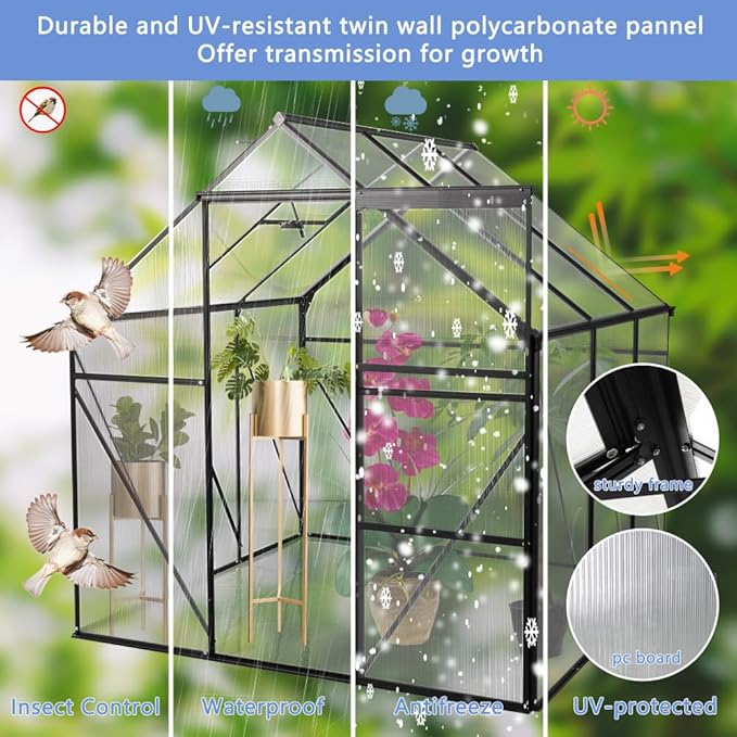 6x6 FT Polycarbonate Greenhouse Raised Base and Anchor Aluminum Heavy Duty Walk-in Greenhouses for Outdoor Backyard in All Season Black