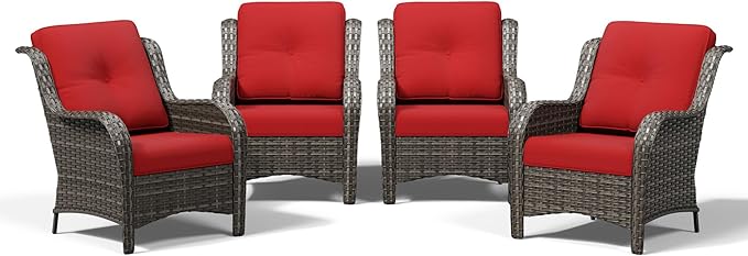 Joyside 4 Piece Wicker Patio Furniture Set, Rattan Patio Chairs with High Back, Deep Seating, Wide Armrest, Thickened Cushions, Outdoor Furniture for Deck, Porch Use