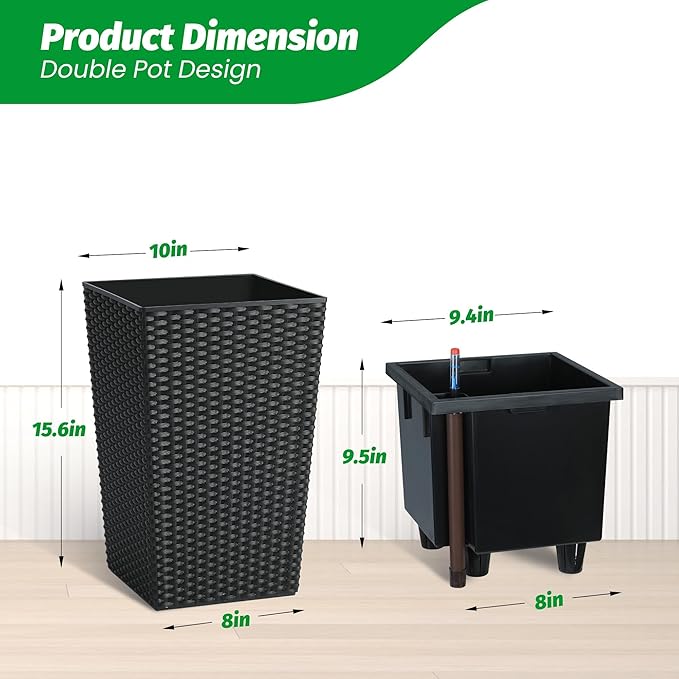 16" Tall Rattan Planter Set of 2, Self Watering Pots with Built-in Drainage and Water Level Gauge, Large Plant Pots for Garden, Patio, Balcony, Lounge, Black