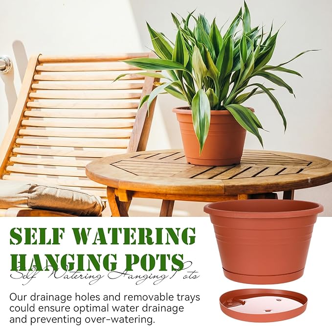 Roshtia 10 Pcs 10 Inch Hanging Baskets for Plants Large Plastic Hanging Basket Pots with Drainage Trays Self Watering Planter Pots for Outdoor Indoor Plants Flowers Garden Balcony (Brown)