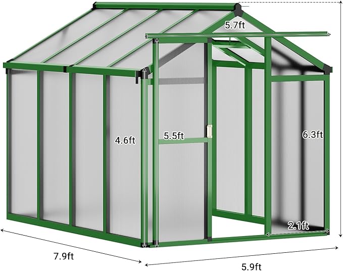 6X8 FT Greenhouse, Polycarbonate Garden Greenhouse for Outdoors,Aluminum Frame Green House with Lockable Door and Adjustable Roof Vent, Ideal for Backyard Patio and Outside Growing