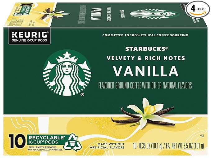 Starbucks Flavored Coffee K-Cup Pods, Vanilla Flavored Coffee, Made without Artificial Flavors, Keurig Genuine K-Cup Pods, 10 CT K-Cups/Box (Pack of 4 Boxes)