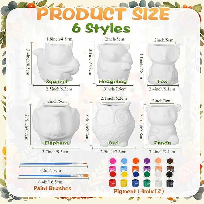 Sunnychicc 6 Sets Christmas DIY Ceramic Animal Succulent Pots Figurines Unpainted Ceramic Bisque Paintable Animal Flowerpots with Drainage Hole Ready to Paint for Kids Classroom Craft Project