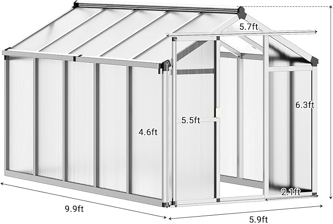 6X10 FT Greenhouse, Easy Assembly Aluminum Polycarbonate Greenhouses for Outdoors with Roof Vent, Large Aluminum Walk-in Greenhouse for Sunroom Patio, Backyard, Garden, Sliding Lockable Door, Silver