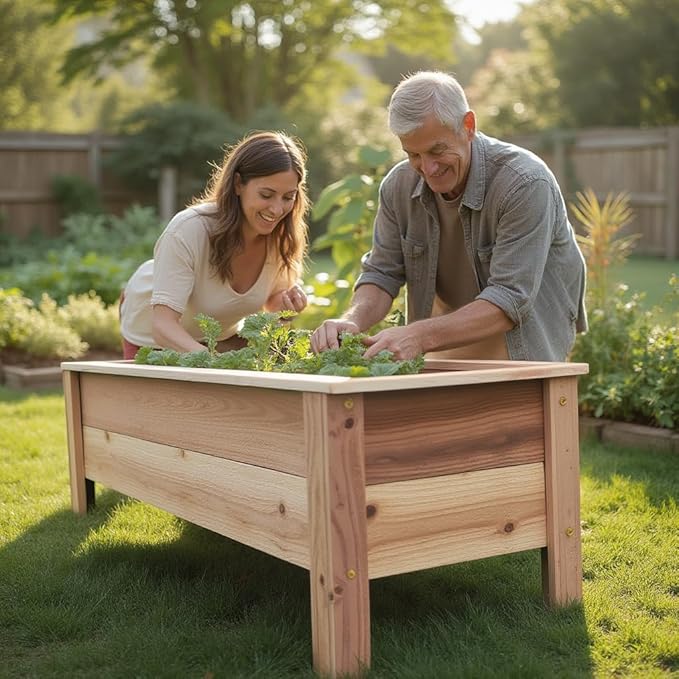 Cedar Raised Garden Bed Planter Box with Legs – Heavy Duty Outdoor Wooden Planter for Vegetables & Flowers, No Bending Elevated Design, Custom Size, Handmade in USA (46in x 15.5in x 16in)