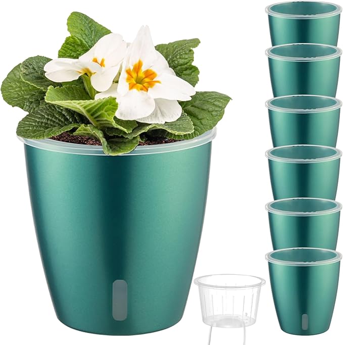 KvyusFlourish Self Watering Pots for Indoor Plants, 6-Pack 5'' Self Watering Planter with Drainage Holes, Small African Violet Pots with Water Indicator, Clear Wick Orchid Pot, Blue Gold