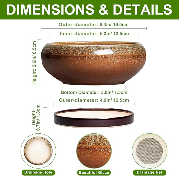 EPFamily Succulent Pots - 6 Inch Ceramic Bonsai Pots with Drainage Hole and Tray, Succulent Planters for Indoor Outdoor, Shallow Round Planter, Cactus Pot, Desk Decor, Plant Lover Gifts, Retro Brown