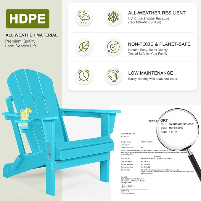 Folding Adirondack Chairs - Plastic Adirondack Chairs with Cup Holder, Weather Resistant for Outdoor, Patio, Lawn, Garden, Backyard Deck, Fire Pit - Turquoise
