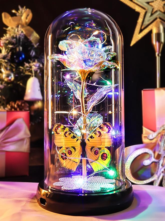 Pusuny Valentines Day Rose Gifts for Her Birthday Gift for Women, Rechargeable Galaxy Glass Rose in Glass Dome Colorful Crystal Flower Butterfly Valentine Gifts for Women Daughter Mom Wife Girlfriend