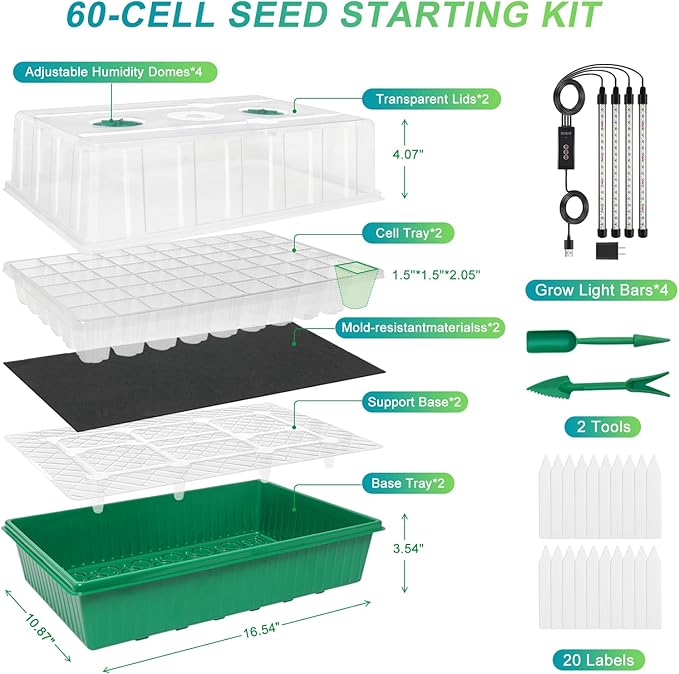 GOOINMILL Self-Watering Seed Starter Tray with Timed Grow Light, 2 Pack 120 Cells Plant Starter Tray Seedling Starter Kit with Humidity Domes Base Indoor Mini Greenhouse Plant Germination Trays