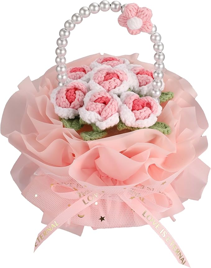 YOOJEE Crochet Flower Bouquet Pink Valentines Day Gift for Her Wife Girlfriend Women Sister Handmade Knitted Rose Basket for Mother Women Teachers Coworkers Gradient Pink Yarn Flower