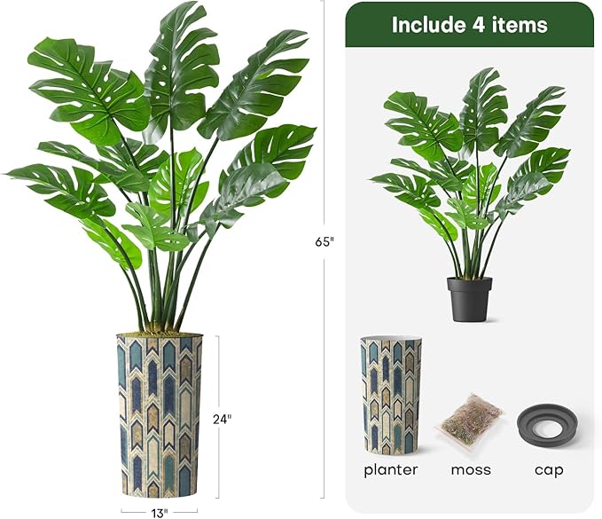 Artificial Tree in Modern Polygon Pattern Effect Planter, Fake Monstera Silk Tree for Indoor and Outdoor Home Decoration - 65" Overall Tall (Plant Pot Plus Tree)