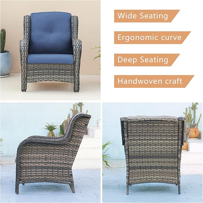 Outdoor Patio Wicker Furniture Set - 6 Piece Rattan Patio Conversation Sectional Sofa Set with 1 Couch,2 Armchairs,2 Ottomans and 1 Glass Top Coffee Table for Porch Deck Garden(Mixed Grey/Blue)