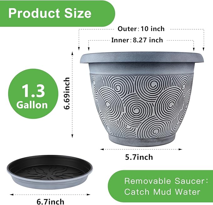 Fodetyff 10 Inch Flower Pots Planters for Indoor Outdoor Plants, 3 Pack Plastic Large Plant Pots with Drainage Hole & Tray, Modern Decorative Garden Pot with Saucer, Plant Container for House