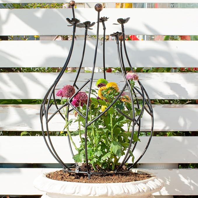 Obelisk Trellis Garden for Climbing Plants 27 Inches Metal Outdoor Support with Gold Leaf Accent Ideal for Rose Bush Bougainvillea Vines Potted Plants Elegant Home Decor