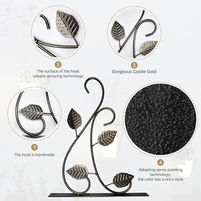 B BRIDGE ABROAD 2 Pack Metal Iron Hook.Hangers Outdoor Metal Hanging Plant Bracket Bird Feeder Plant Hooks for Hanging Flower Basket, Wind Chimes, Solar Lanterns, Leaf Style Hook (Castle Gold).
