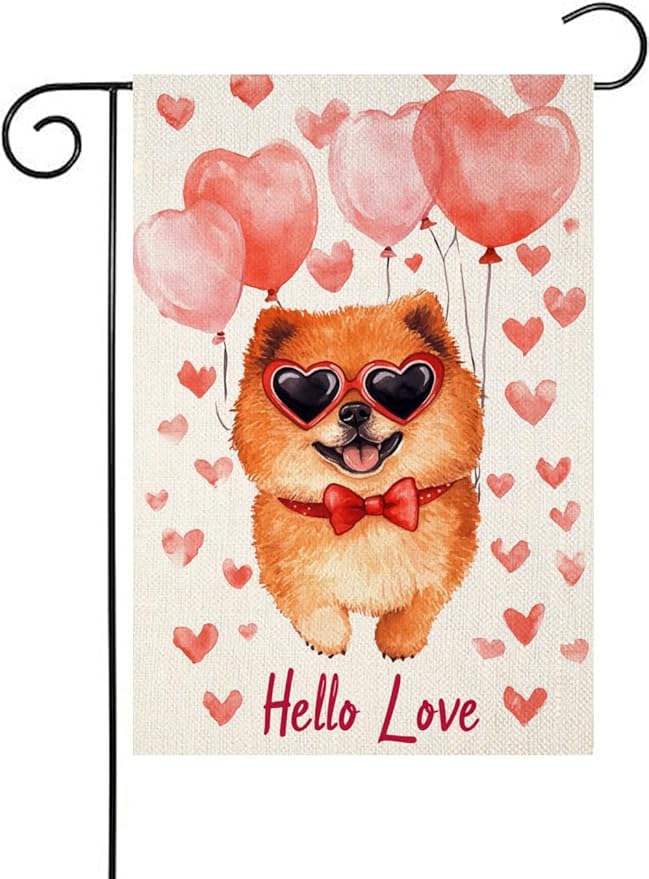 Valentine's Day Chow-Chow-Dog Hello Love Garden Flag, House Yard Plaid Love Heart Outside Decoration, Spring Holiday Wedding Anniversary Outdoor Small Decor 12x18(12654)