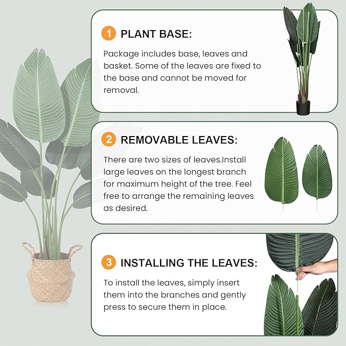 Artificial Bird of Paradise Plants 4 Ft Fake Tropical Tree with Woven Basket, Faux Banana Leaf Plant for Home Indoor Outdoor Office Modern Decor Green 2 Set